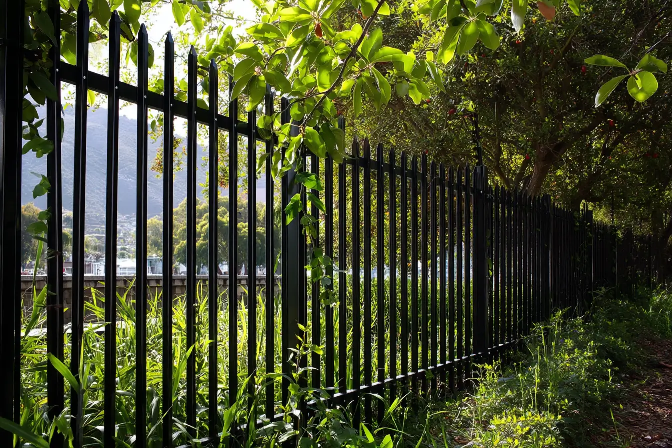 Industrial palisade fencing installation showing steel spikes and commercial-grade security
